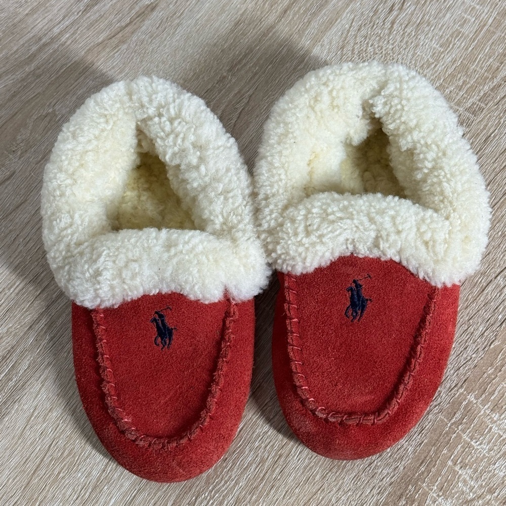 Polo Ralph Lauren Kids Size 9 Red Suede Sheepskin Slippers Moccasin Unisex - Picture 2 of 11